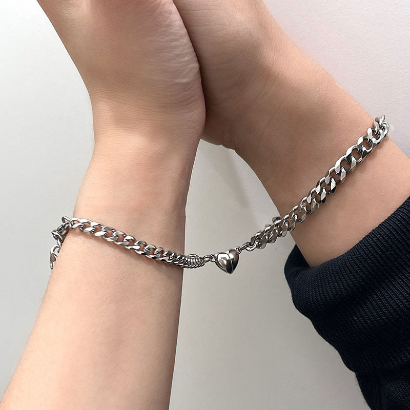 2-Piece Magnetic Broken Heart Couple Bracelet Set – Cuban Chain Matching Bracelets for Men & Women