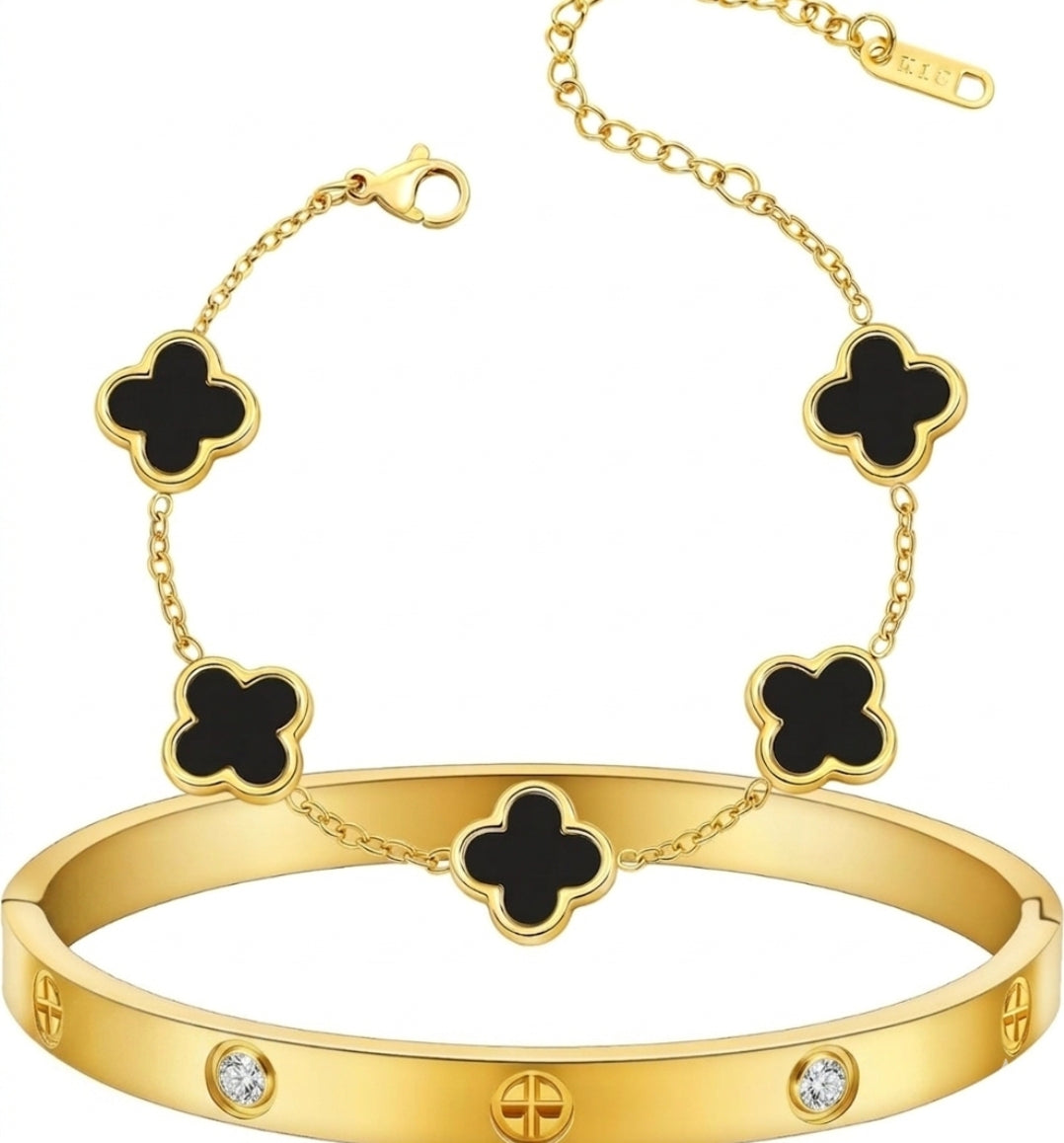 2-Piece Stainless Steel Bracelet Set for Women – Clover & Bangle Design | Modern Fashion Jewelry