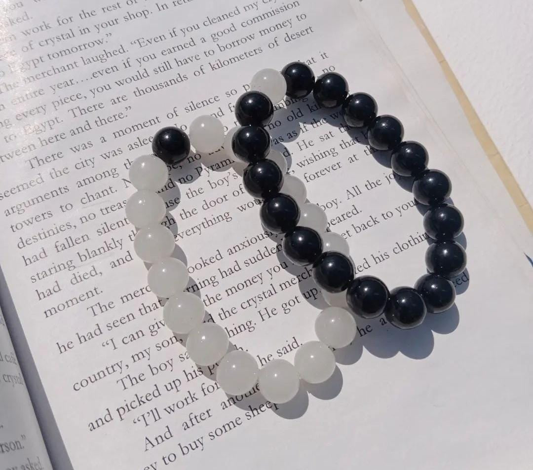 Matching Couple Bracelet Set – Black & White 8mm Beaded Bracelets for Partners | Handmade Stretch Bracelets