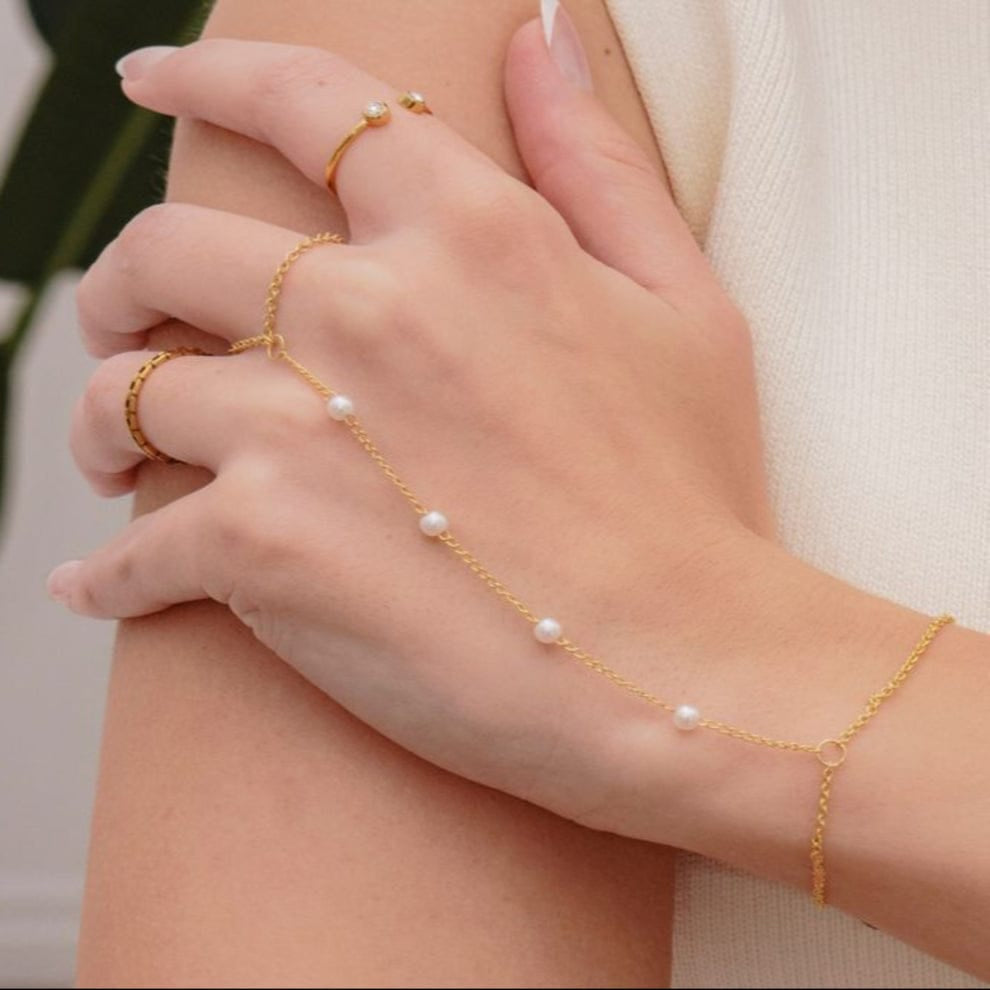 Gold Plated Pearl Hathphool Bracelet for Women & Girls – Elegant Finger Ring Bracelet for Wedding & Party Wear