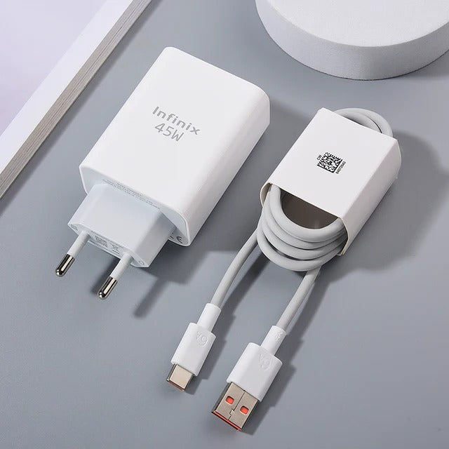 Original 45W Fast Charger For Infinix Mobiles – USB Type-C PD Wall Adapter + Cable | Compatible with Zero, Note, GT Series and all other Smartphones