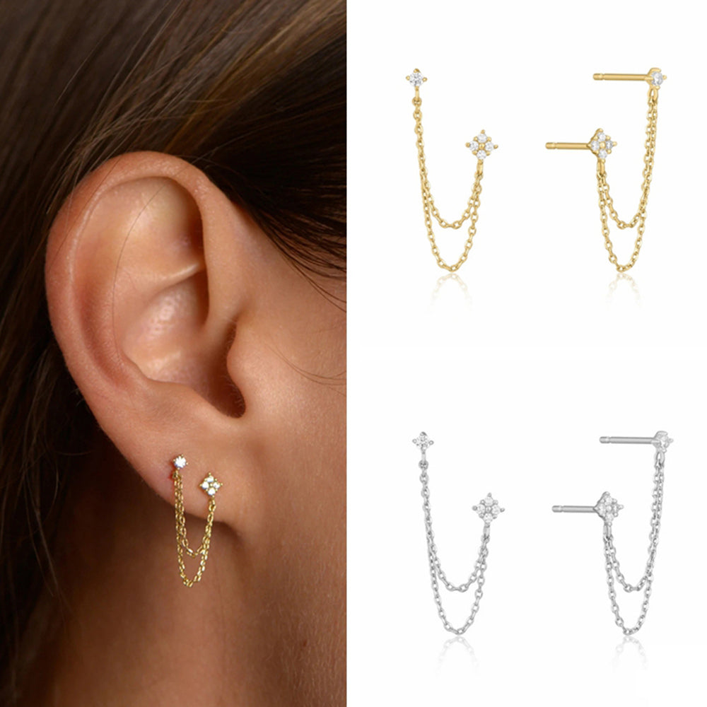 Double Ear Studs with Tassel Chain Earrings for Women – Elegant CZ Hanging Fashion Jewellery