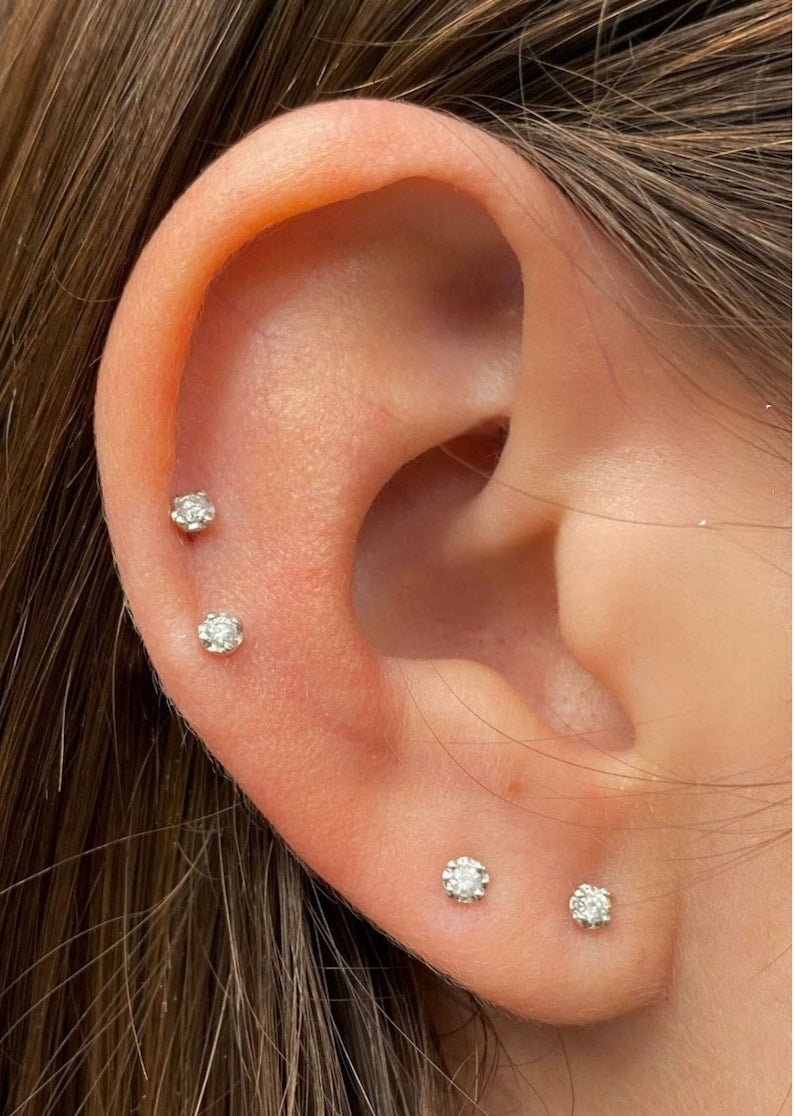 2mm Tiny Natural Diamond Stud Earrings | 14K White Gold Plated Silver | Minimalist Small Stud Earrings