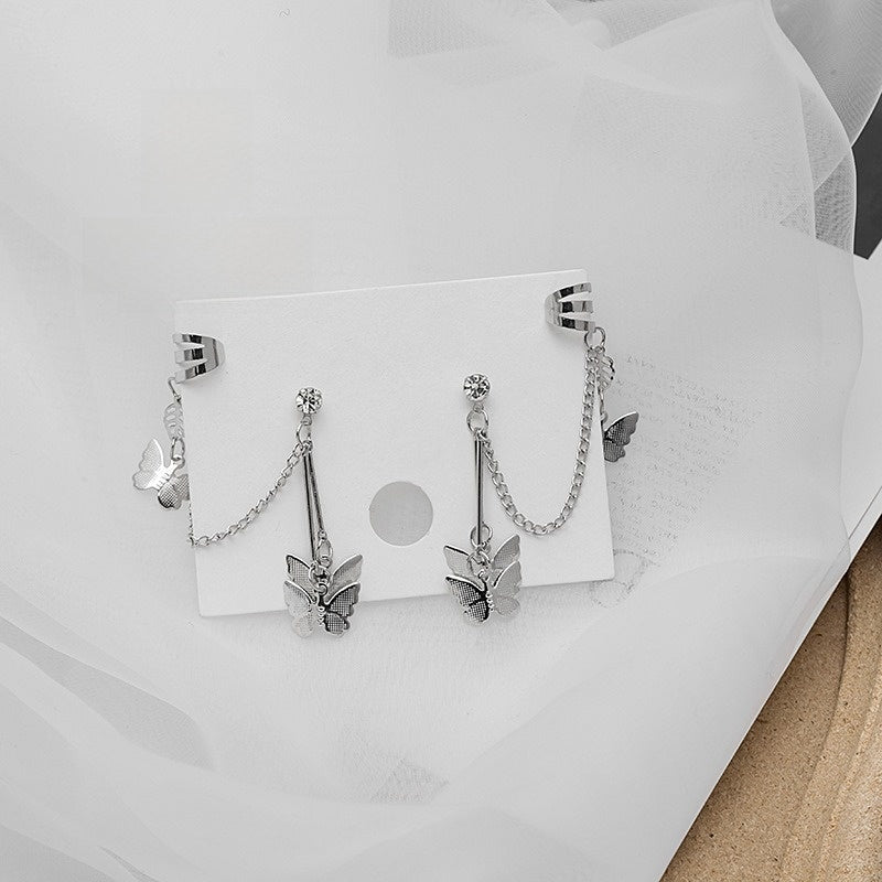 Pair of 2 Silver Plated Butterfly Ear Cuff Earrings | Long Chain Ear Cuffs for Women & Girls