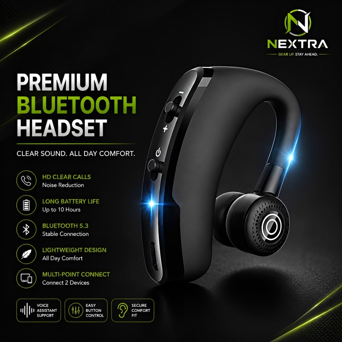 V9 Wireless Bluetooth Headset – Single Ear Bluetooth Earpiece with Built-in Microphone | Hands-Free Calling Headset for All Bluetooth Devices