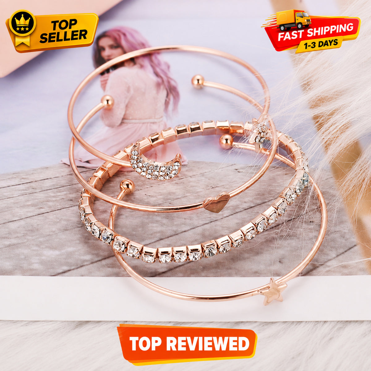 4-Piece Star & Moon Crystal Bracelet Set for Women – Delicate Open Bangle Charm Jewelry