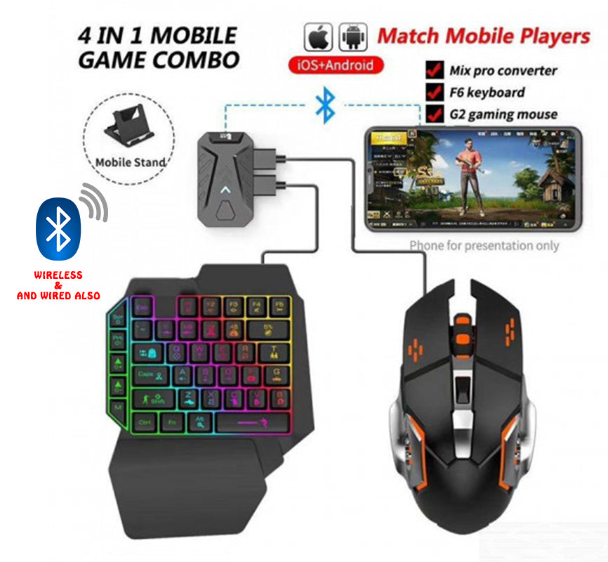 4-in-1 Mobile Gaming Combo Kit with Gaming Converter | Wired Gaming Keypad & Mouse Combo for PUBG, Shooting Games & Android Phones