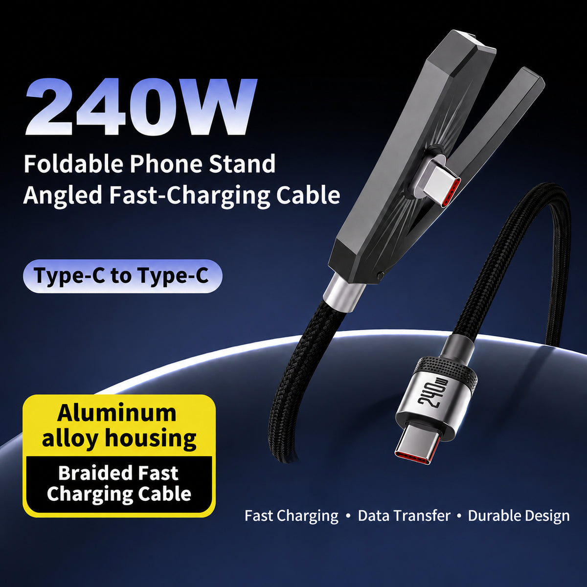 2-in-1 240W Type-C to Type-C Fast Charging Cable with Foldable Phone Stand | Nylon Braided USB-C Cable for Phone, Tablet & Laptop