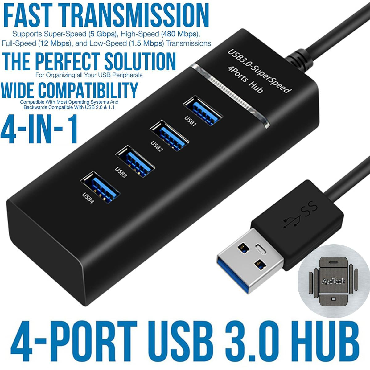 4 Port USB 3.0 Hub High Speed USB Hub Splitter for PC & Laptop