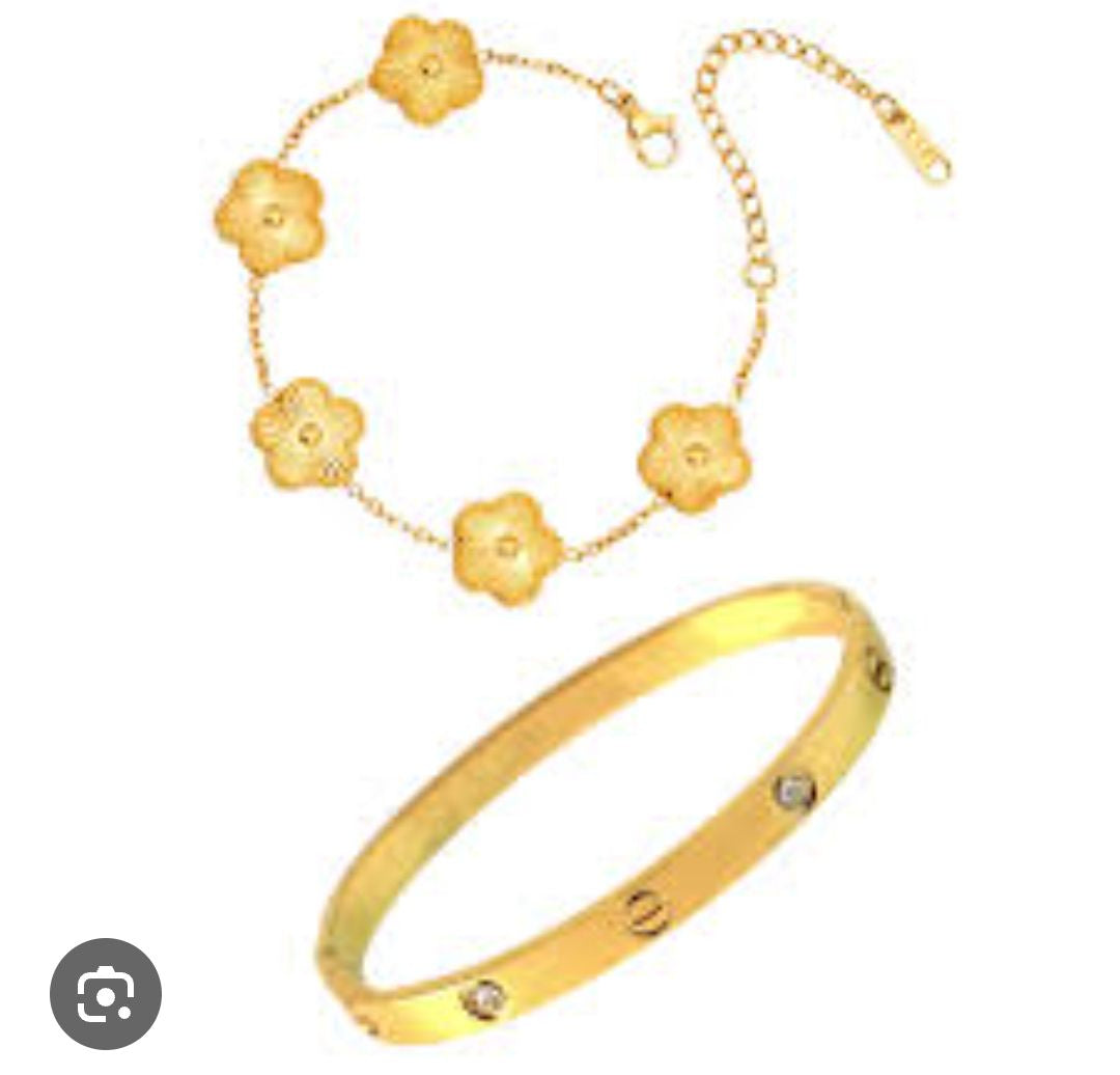 2-Piece Stainless Steel Bracelet Set for Women – Clover & Bangle Design | Modern Fashion Jewelry