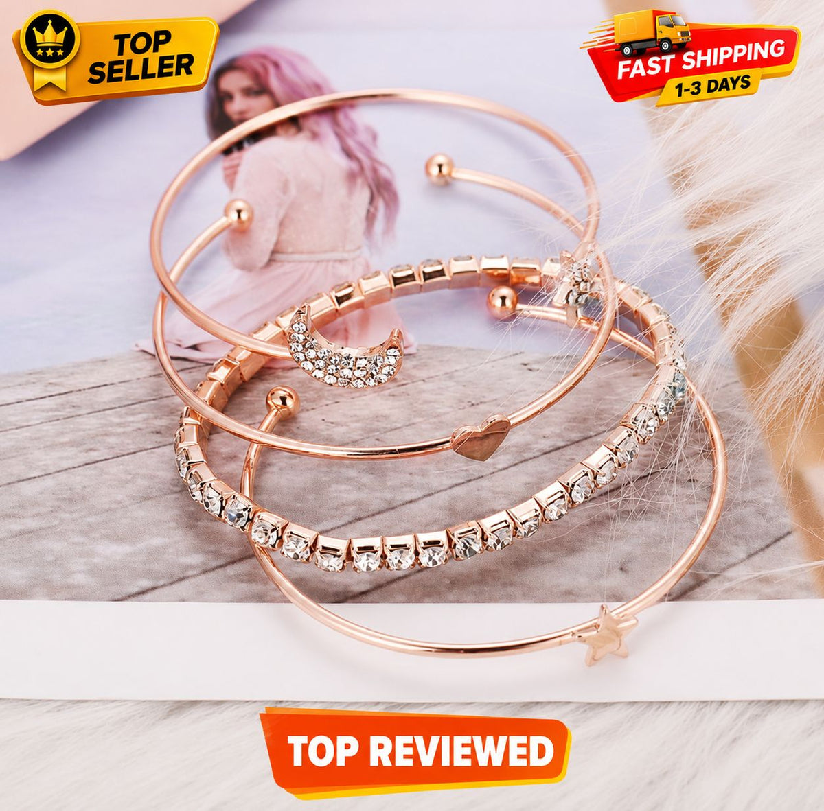 4-Piece Star & Moon Crystal Bracelet Set for Women – Delicate Open Bangle Charm Jewelry