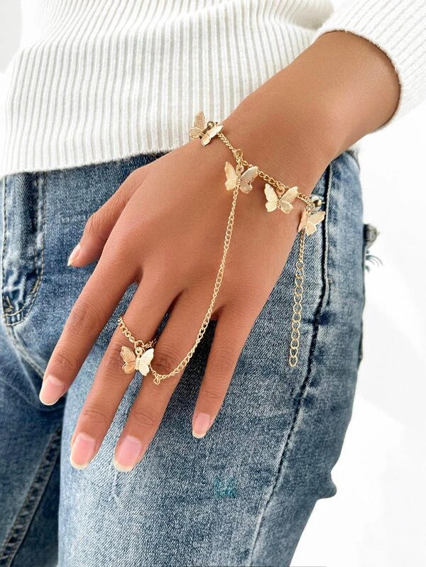 Butterfly Ring Bracelet for Girls & Women – Korean-Style Gold & Silver Fashion Jewellery