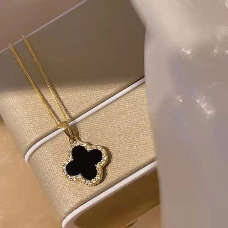 Rose Gold Black Clover Necklace for Women | Korean Fashion Titanium Pendant