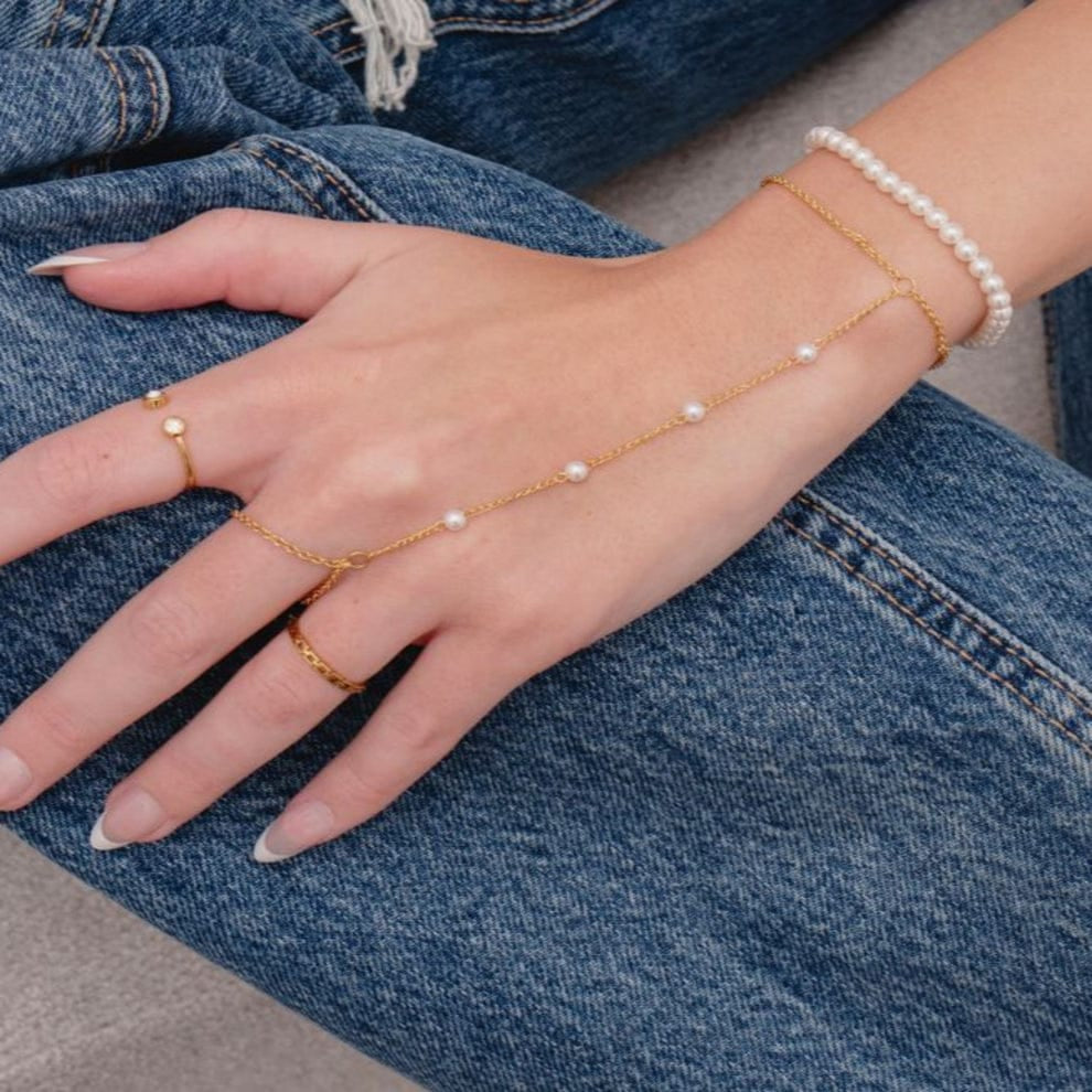 Gold Plated Pearl Hathphool Bracelet for Women & Girls – Elegant Finger Ring Bracelet for Wedding & Party Wear
