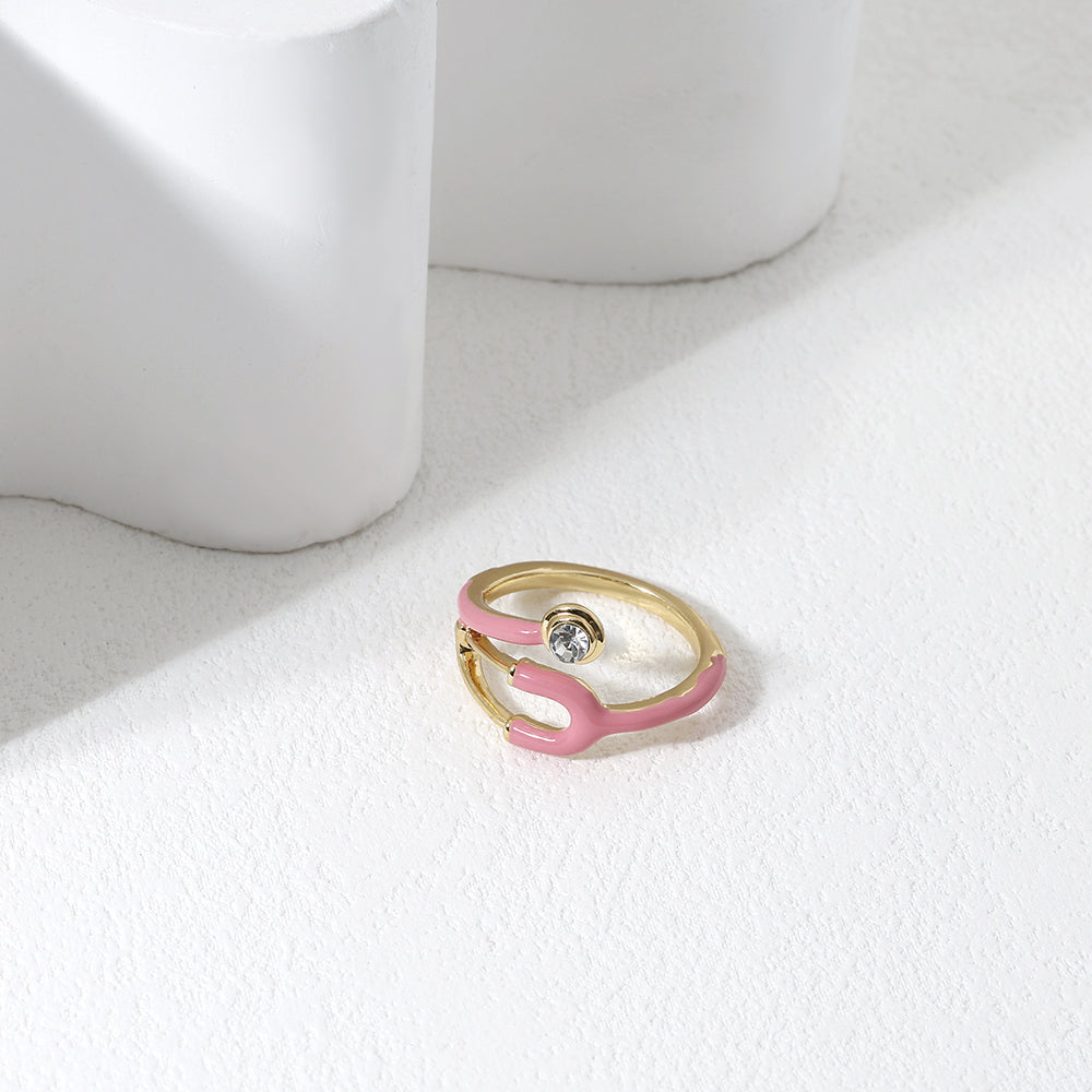 Size 7-9 Pink Enamel Stethoscope Ring | Crystal Medical Ring for Doctors & Nurses | Healthcare Gift