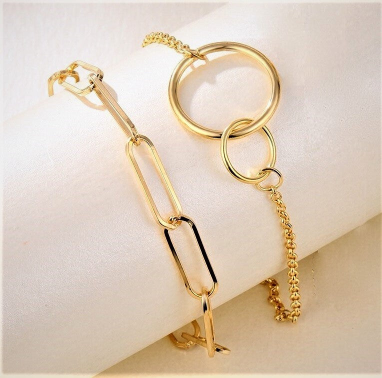 2-Piece Vintage Bohemian Chain Bracelet Set for Women & Girls – Chunky Double Ring Pendant Fashion Jewelry