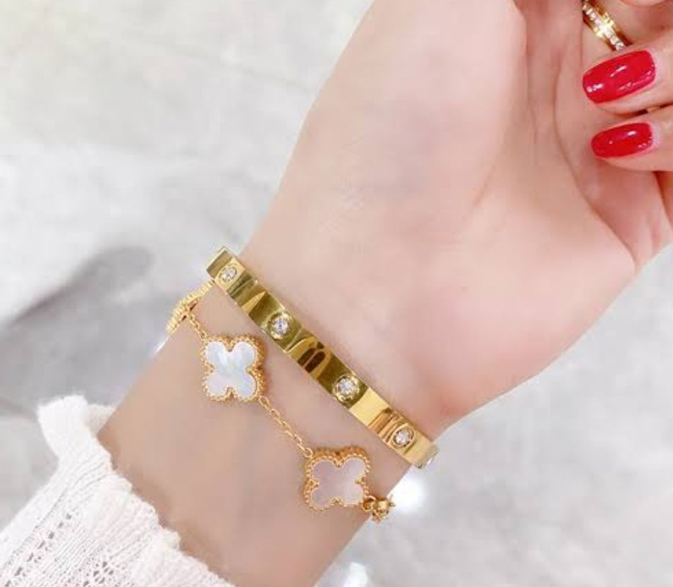 2-Piece Stainless Steel Bracelet Set for Women – Clover & Bangle Design | Modern Fashion Jewelry