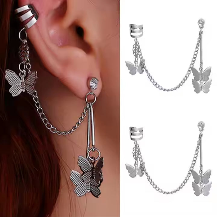 Pair of 2 Silver Plated Butterfly Ear Cuff Earrings | Long Chain Ear Cuffs for Women & Girls