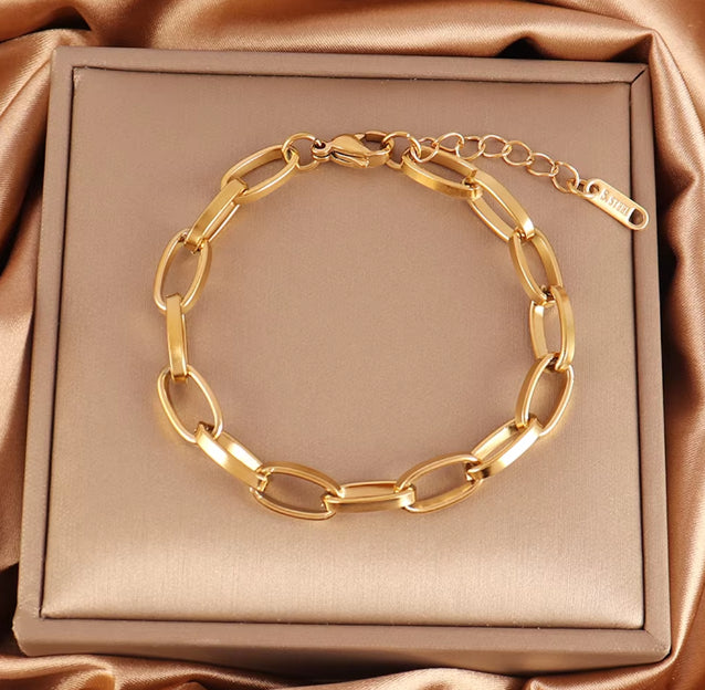 Stainless Steel Oval Chain Bracelet for Women – 4mm Gold & Silver Fashion Bracelet 19cm