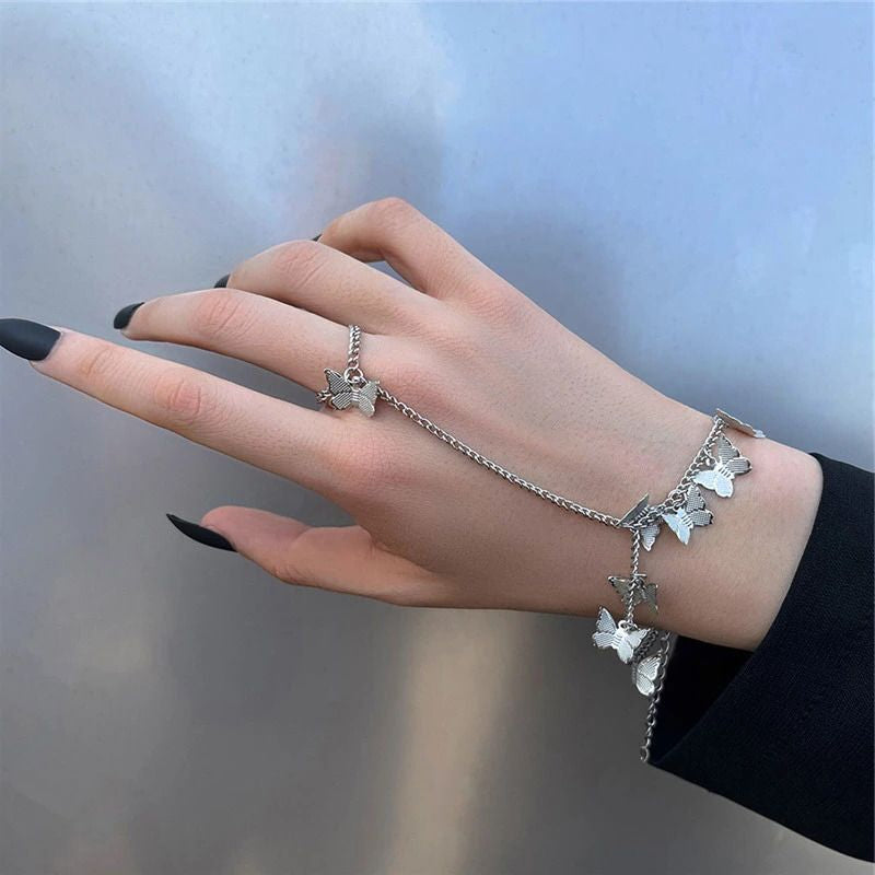 Korean Style Butterfly Ring Bracelet for Girls & Women – Elegant Golden & Silver Fashion Jewelry