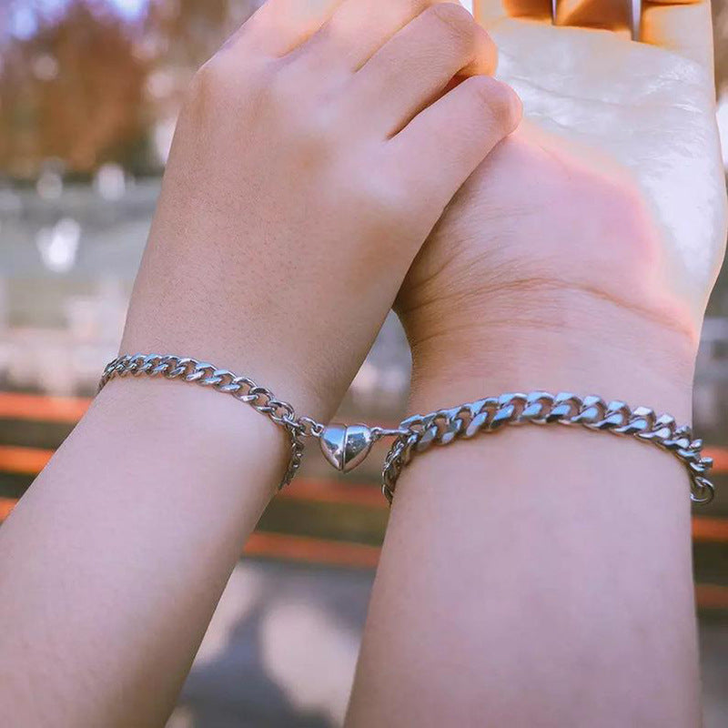 2-Piece Magnetic Broken Heart Couple Bracelet Set – Cuban Chain Matching Bracelets for Men & Women