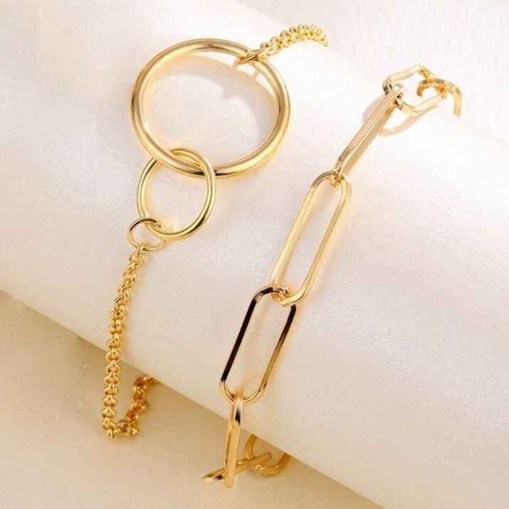 2-Piece Vintage Bohemian Chain Bracelet Set for Women & Girls – Chunky Double Ring Pendant Fashion Jewelry