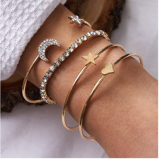 4-Piece Star & Moon Crystal Bracelet Set for Women – Delicate Open Bangle Charm Jewelry