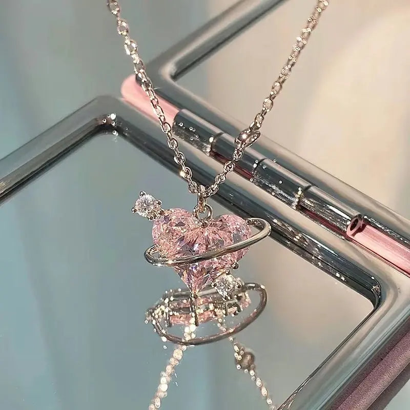 Pink Crystal Heart Pendant Necklace for Women & Girls – Elegant Clavicle Chain | Gearzone Fashion Jewellery