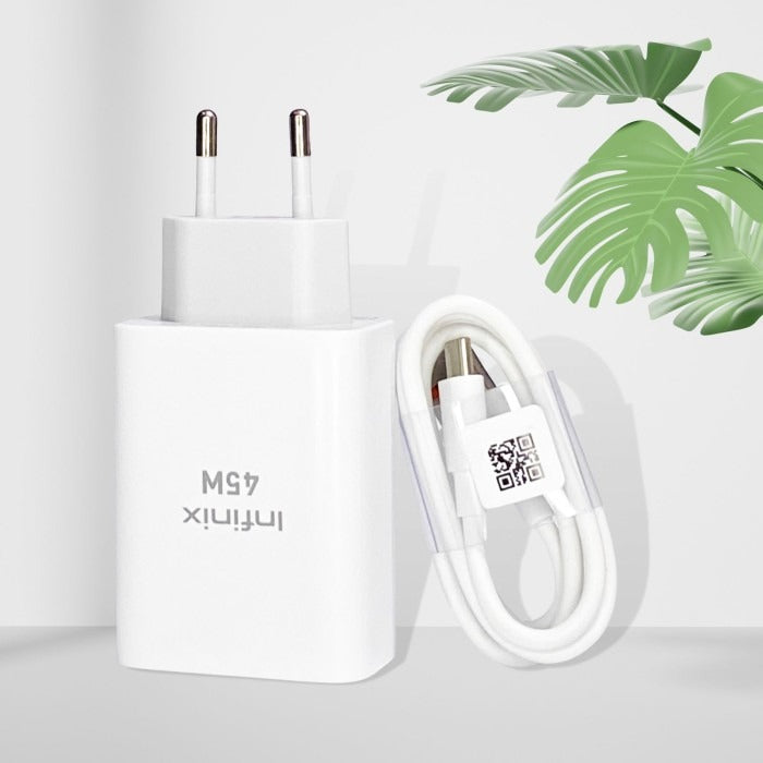 Original 45W Fast Charger For Infinix Mobiles – USB Type-C PD Wall Adapter + Cable | Compatible with Zero, Note, GT Series and all other Smartphones