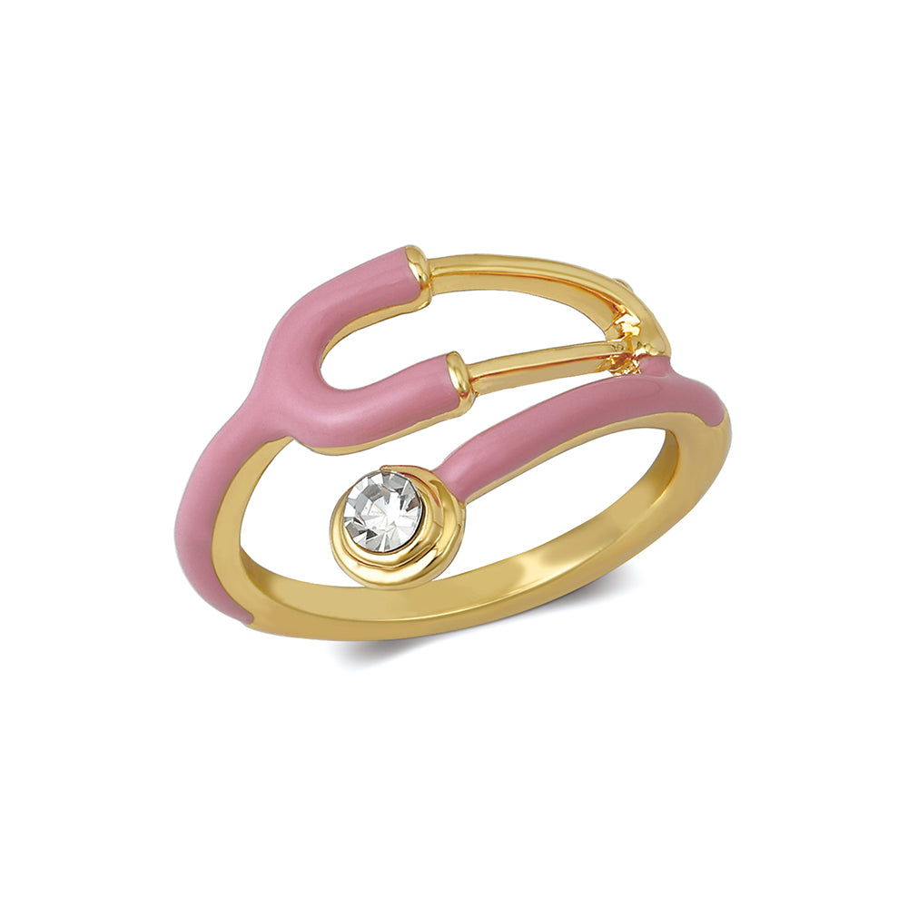 Size 7-9 Pink Enamel Stethoscope Ring | Crystal Medical Ring for Doctors & Nurses | Healthcare Gift
