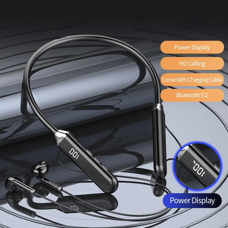 Magnetic Neckband Wireless Bluetooth 5.2 Headphones – LED Digital Display, Noise Reduction, Sports Earphones with Built-in Mic