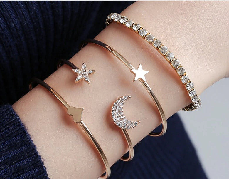 4-Piece Star & Moon Crystal Bracelet Set for Women – Delicate Open Bangle Charm Jewelry