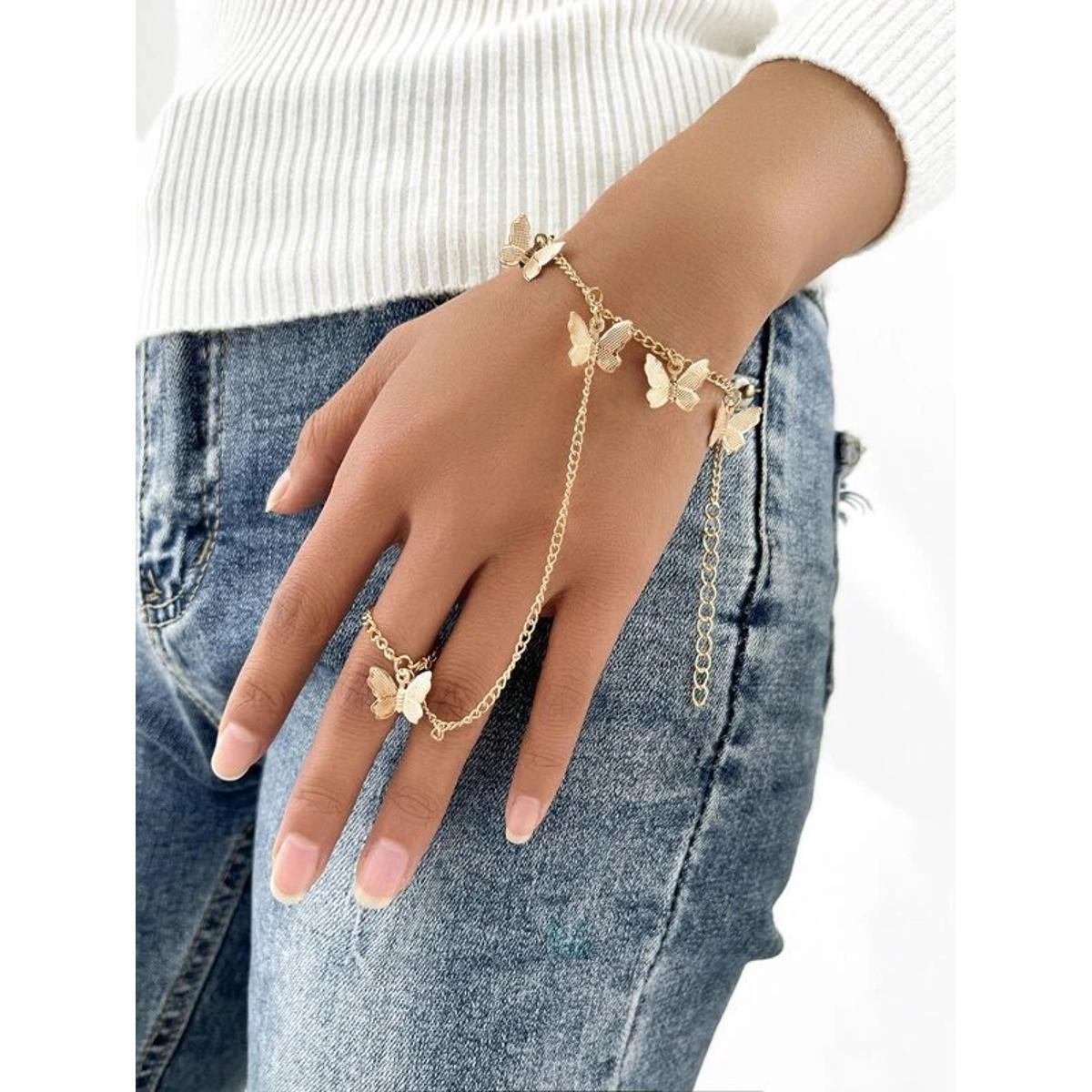 Korean Style Butterfly Ring Bracelet for Girls & Women – Elegant Golden & Silver Fashion Jewelry