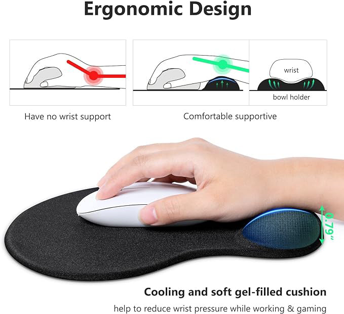 Ergonomic Mouse Pad with Gel Wrist Rest, Non-Slip Washable Mouse Mat – Black