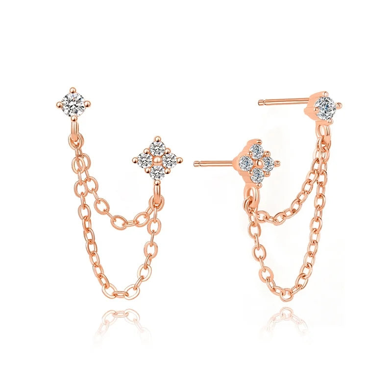 Double Ear Studs with Tassel Chain Earrings for Women – Elegant CZ Hanging Fashion Jewellery