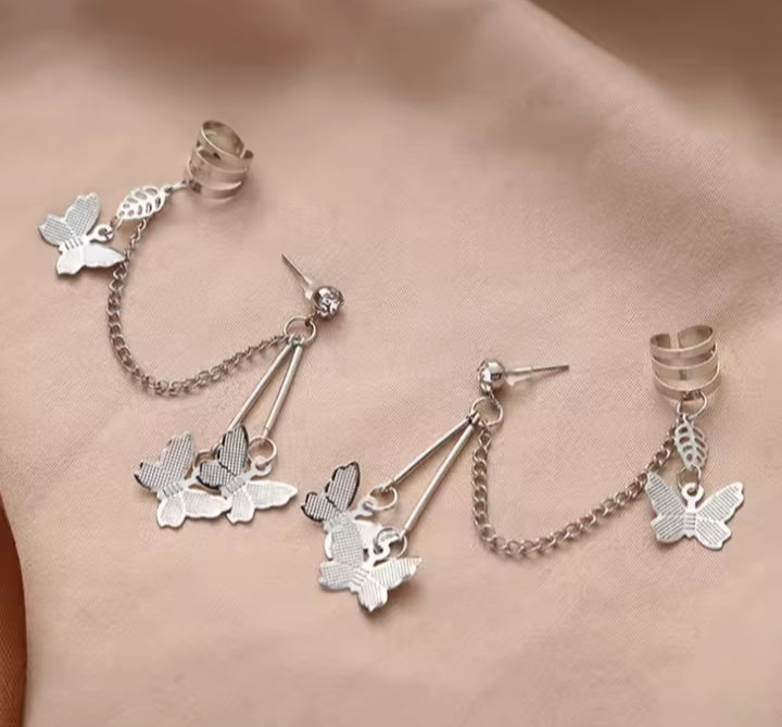 Pair of 2 Silver Plated Butterfly Ear Cuff Earrings | Long Chain Ear Cuffs for Women & Girls
