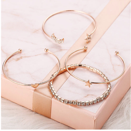 4-Piece Star & Moon Crystal Bracelet Set for Women – Delicate Open Bangle Charm Jewelry