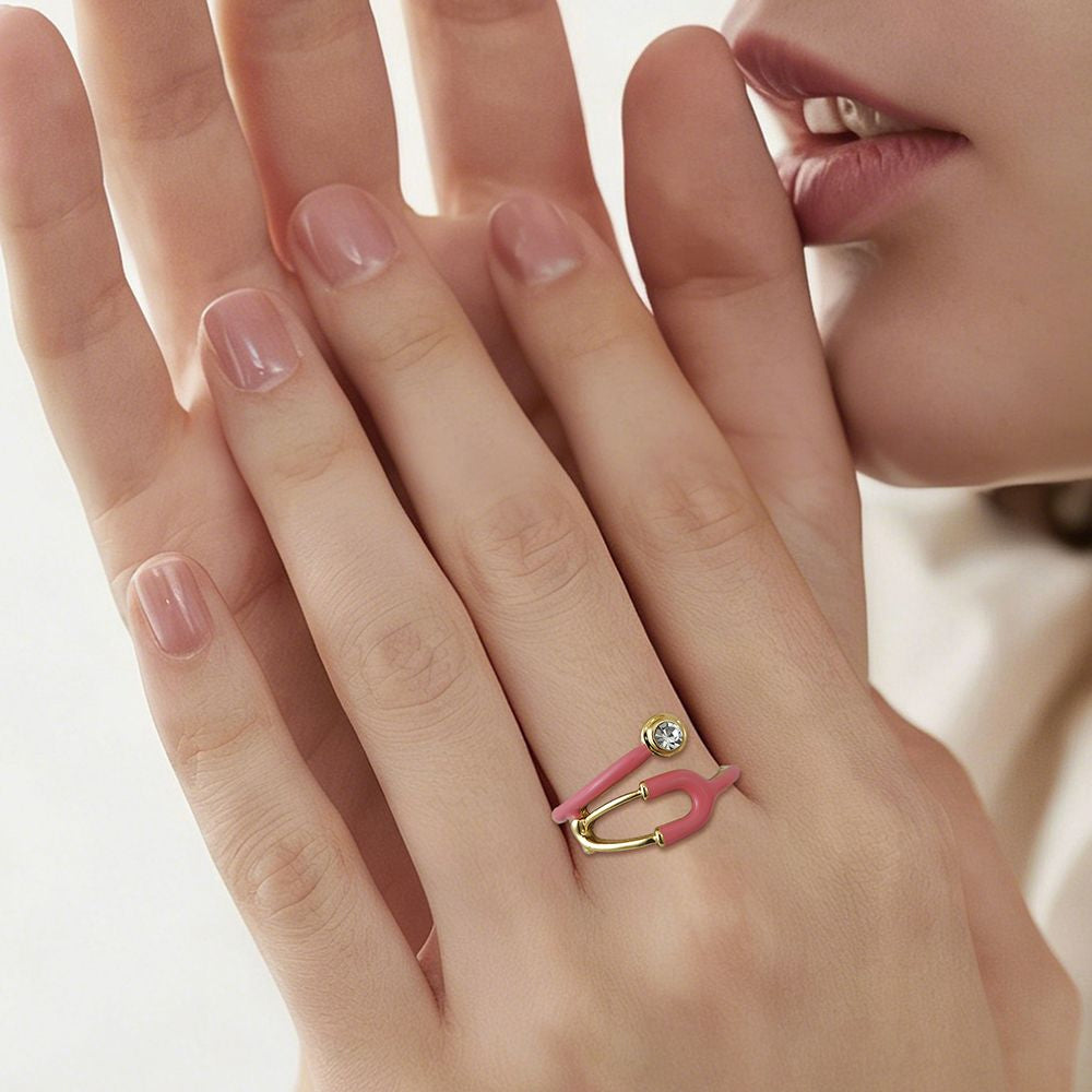 Size 7-9 Pink Enamel Stethoscope Ring | Crystal Medical Ring for Doctors & Nurses | Healthcare Gift