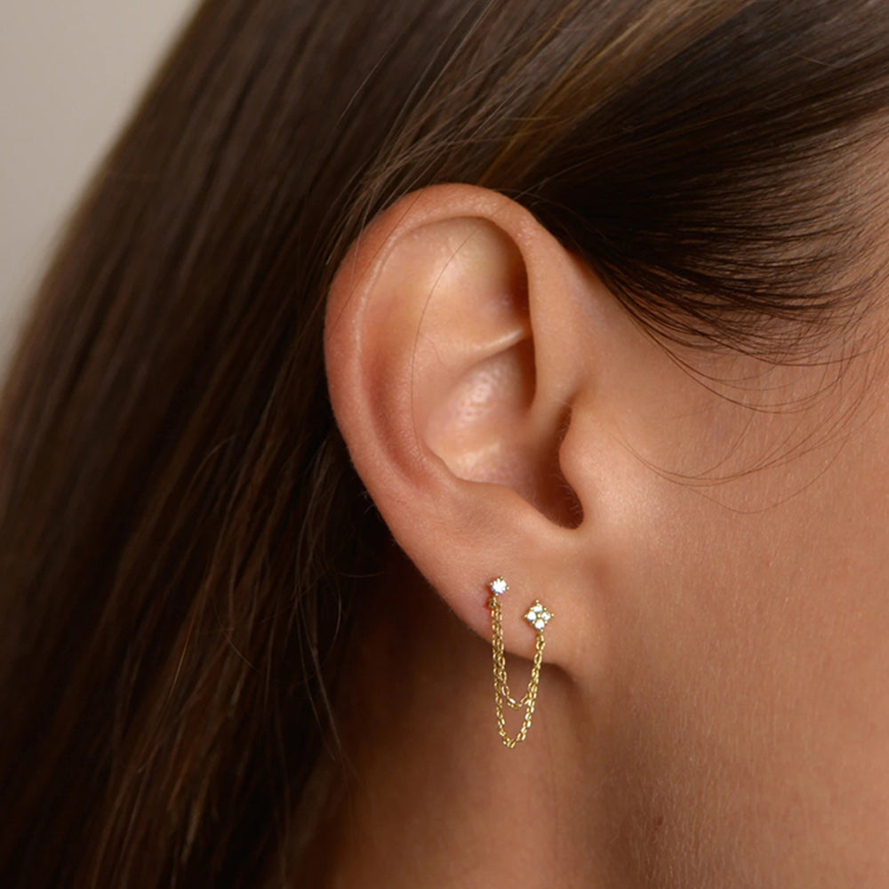 Double Ear Studs with Tassel Chain Earrings for Women – Elegant CZ Hanging Fashion Jewellery