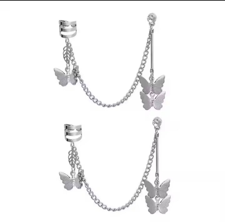 Pair of 2 Silver Plated Butterfly Ear Cuff Earrings | Long Chain Ear Cuffs for Women & Girls