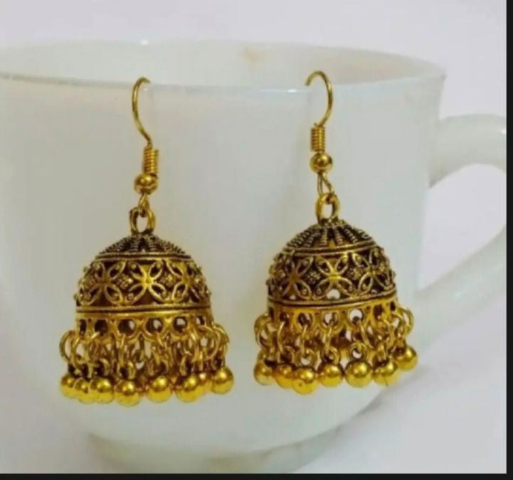 Traditional Gold-Plated Jhumka Earrings for Girls | Elegant Hanging Earrings with Sparkling Beads