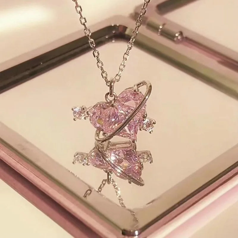 Pink Crystal Heart Pendant Necklace for Women & Girls – Elegant Clavicle Chain | Gearzone Fashion Jewellery