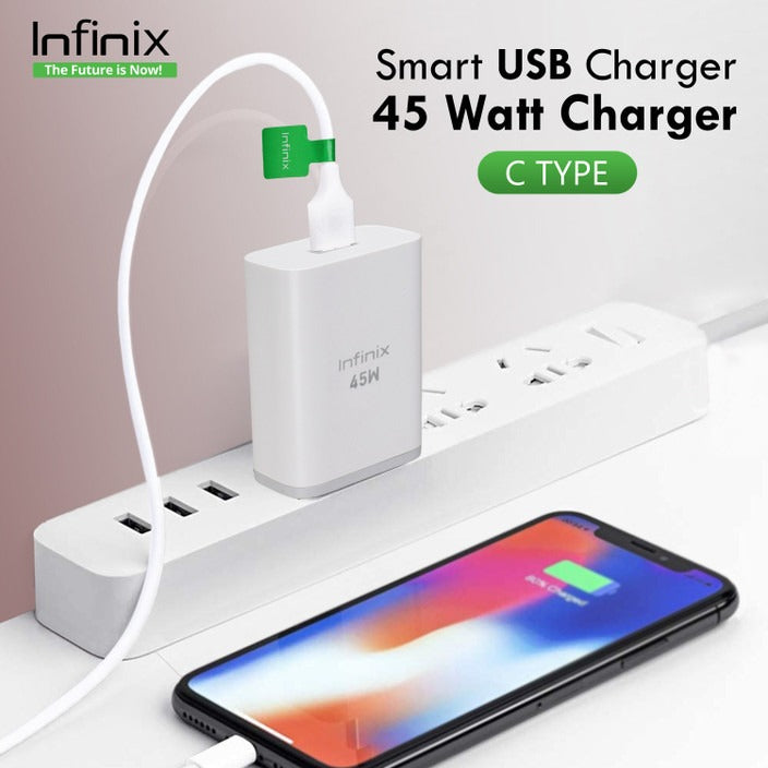 Original 45W Fast Charger For Infinix Mobiles – USB Type-C PD Wall Adapter + Cable | Compatible with Zero, Note, GT Series and all other Smartphones