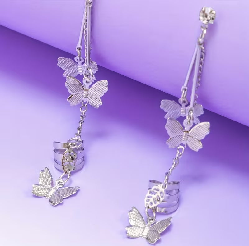 Pair of 2 Silver Plated Butterfly Ear Cuff Earrings | Long Chain Ear Cuffs for Women & Girls