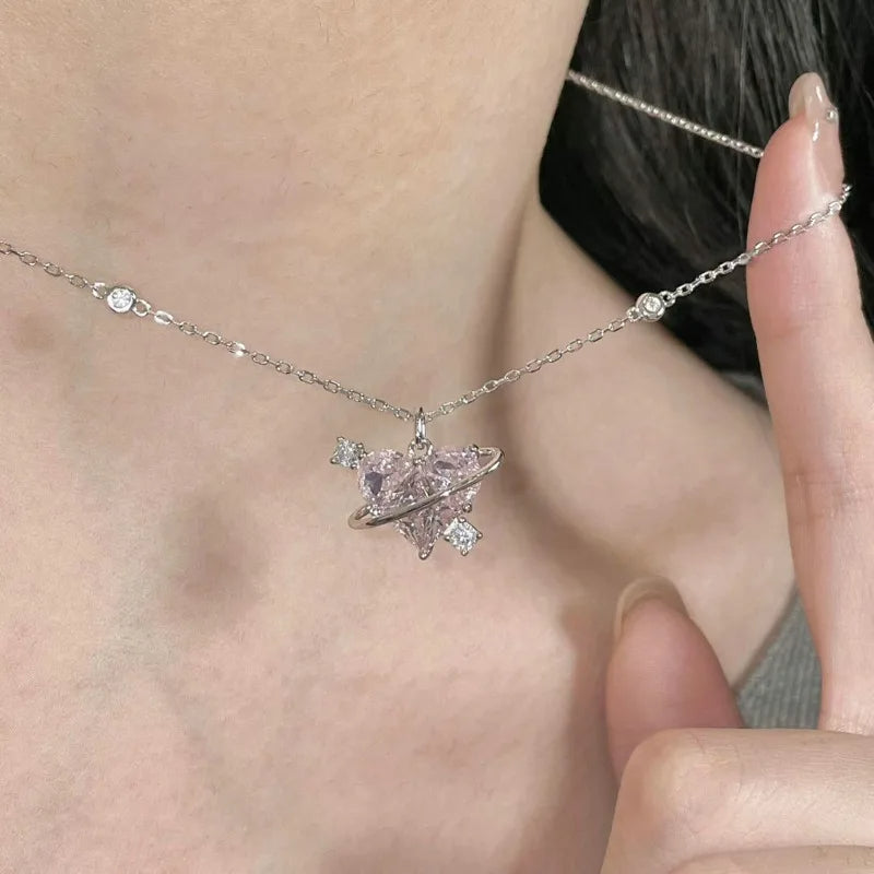 Pink Crystal Heart Pendant Necklace for Women & Girls – Elegant Clavicle Chain | Gearzone Fashion Jewellery