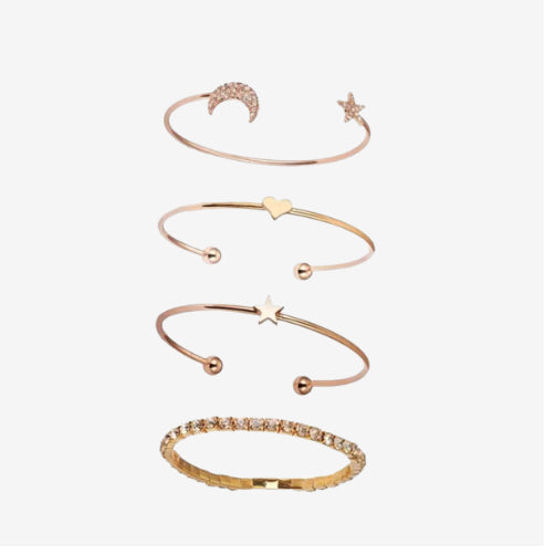 4-Piece Star & Moon Crystal Bracelet Set for Women – Delicate Open Bangle Charm Jewelry