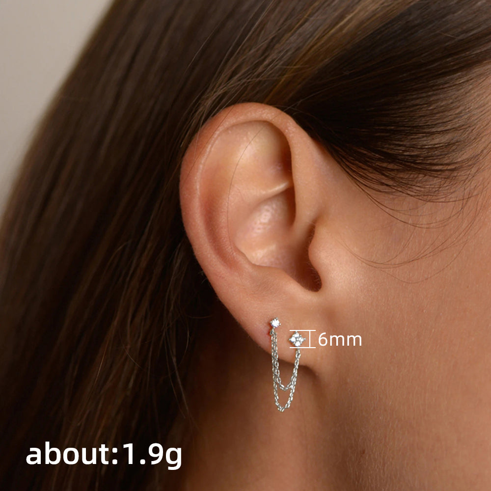 Double Ear Studs with Tassel Chain Earrings for Women – Elegant CZ Hanging Fashion Jewellery
