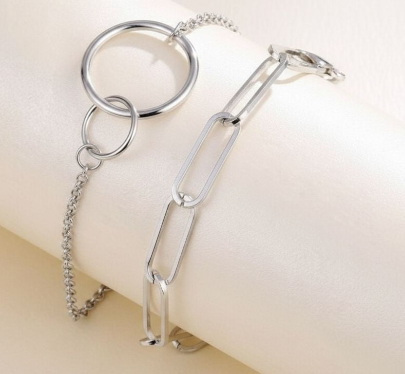 2-Piece Vintage Bohemian Chain Bracelet Set for Women & Girls – Chunky Double Ring Pendant Fashion Jewelry