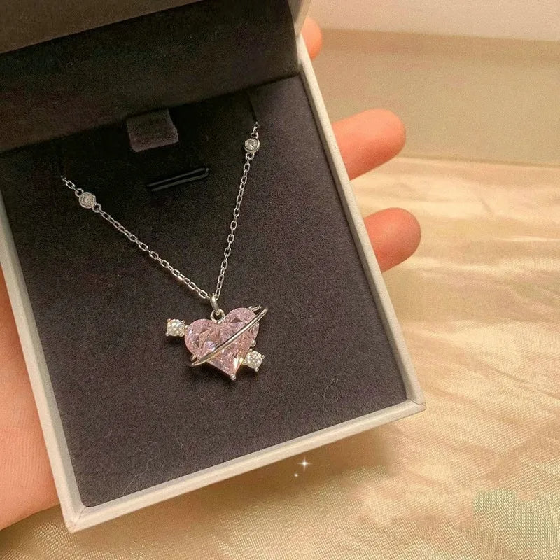 Pink Crystal Heart Pendant Necklace for Women & Girls – Elegant Clavicle Chain | Gearzone Fashion Jewellery