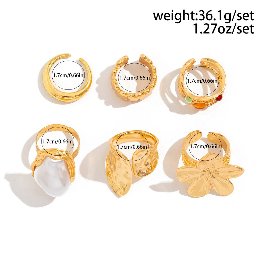 All Season Vintage Baroque Floral Rings for Girls – 6-Piece Gold-Plated Alloy Set with Imitation Pearls and Geometric Designs